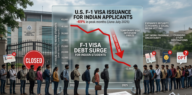 An infographic showing a 69% drop in U.S. F-1 visa issuance for Indian students between 2024 and 2025, illustrating causes like visa freezes and debt surges alongside images of students and a closed consulate gate.